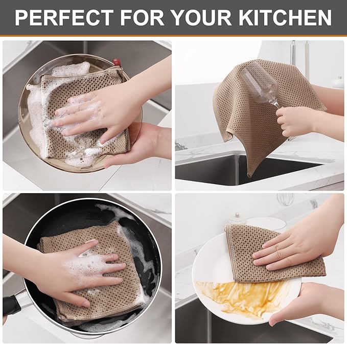 Kitinjoy 100% Cotton Kitchen Dish Cloths (12 X 12 Inches, Tan), 12 Pack Waffle Weave Ultra Soft Absorbent Dish Towels for Drying Dishes Quick Drying Kitchen Towels Dish Rags