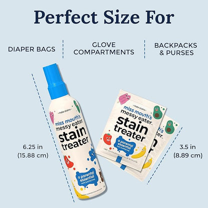 Miss Mouth's Messy Eater Stain Treater Spray - 4oz & 10 Wipes Stain Remover - Newborn & Baby Essentials - No Dry Cleaning Food, Grease, Coffee Off Laundry, Underwear, Fabric (Pack of 2)
