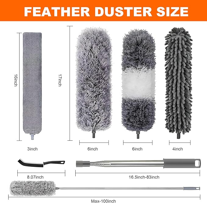 Professional Microfibre Dusters for Cleaning | Duster with Extension 100" | Cobweb Remover Duster Kit with 4 Washable Heads | Bendable Feather Duster for High Ceilings,Fans & Hard-to-Reach Areas,9PCS