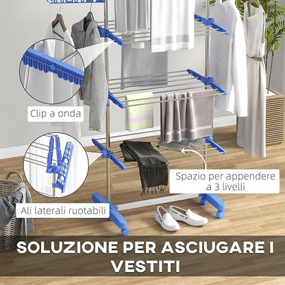 HOMCOM Folding Clothes Airer in Stainless Steel and Plastic, Space-Saving Vertical Drying Rack with 6 Wheels, Hooks and 3 Adjustable Shelves for Indoors, 142 x 55 x 152 cm, Silver Blue