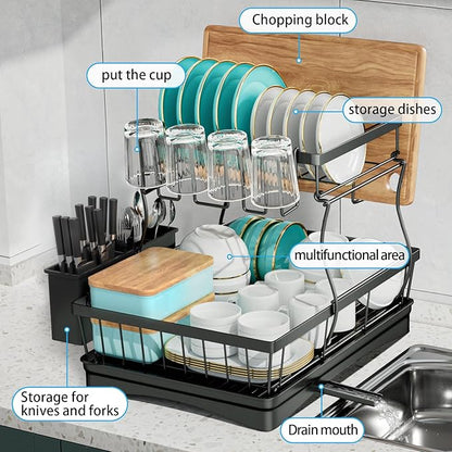 7 code Large Dish Drying Rack for Kitchen Counter, Detachable Large Capacity Dish Drainer Organizer, 2-Tier Dish Racks with Utensil Holder, Black