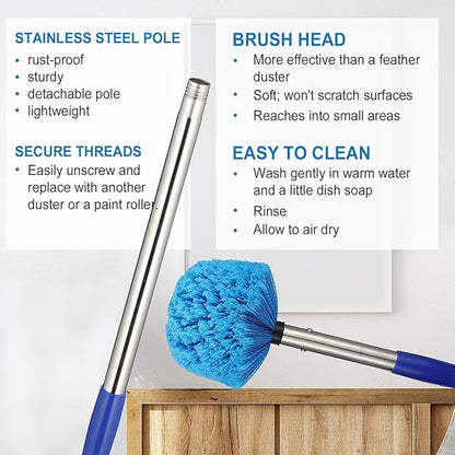 Cobweb Duster with Extension Pole, 6 FT Stainless Steel Pole with Spider Web Brush Head Ceiling Fan Duster for Outdoor Indoor Cleaning, Reach UP to 12-14 FT