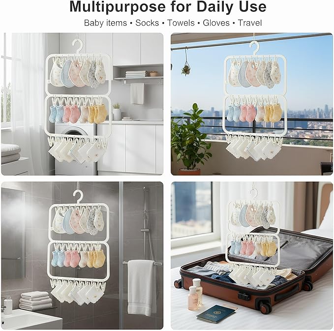 18-Clip Multi-Layer Clothes Drying Rack, BPA-Free ABS Laundry Hanger for Baby Clothes, Socks & Underwear, Heavy Duty Non-Foldable Hanger for Apartment, Nursery & Small Spaces (Off-White)