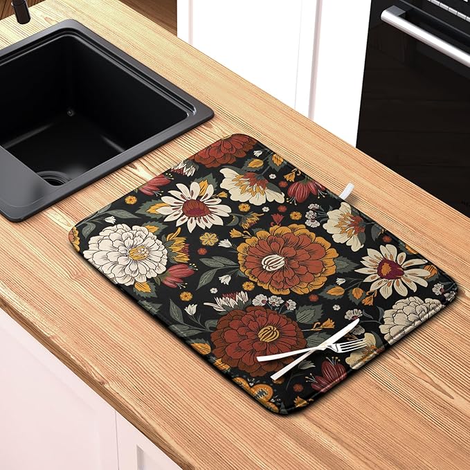 Vintage Floral Dish Drying Mat for Kitchen Counter Retro Sunflower Floral Absorbent Microfiber Dry Dish Mat Reversible Washable Dish Drainer Rack Mat 16x18 Inch