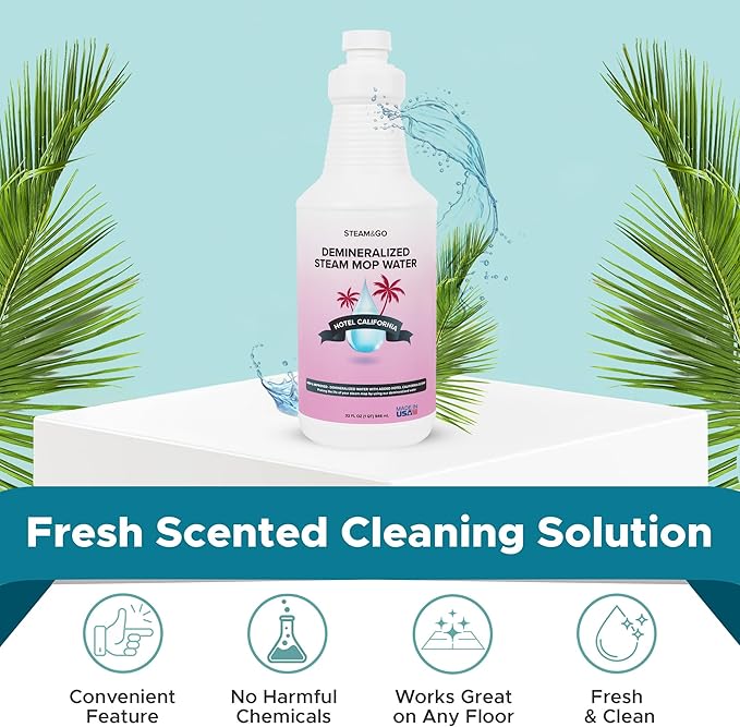 Steam & Go Deminerilized Water - Multi-Surface Cleaner for Steam Cleaners, Hardwood Floors, Kitchens, & Bathrooms - Germ-Killing Formula - Hotel California Scent - 32 Ounces (Pack of 12)