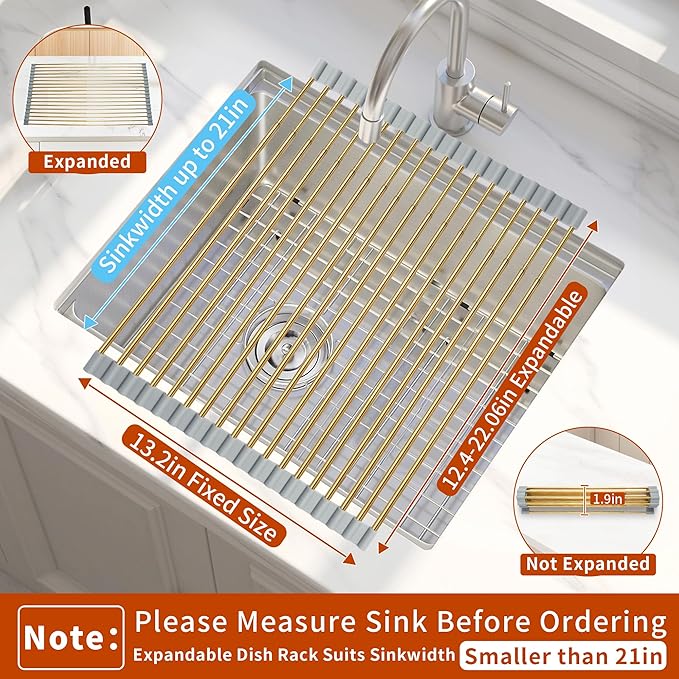 Golden Expandable Roll-UP Dish Drying Rack-Large 304 Stainless Steel Dish Drainer Over The Sink for Kitchen Countertop,Extendable & Rollable & Food Grade (Gold,22.08'x 13.2')