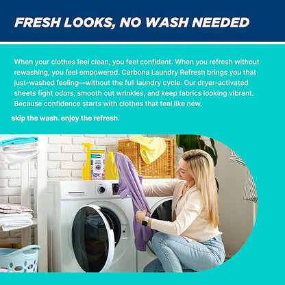 Carbona Laundry Refresh Dryer Sheets 15ct | Odor Eliminator, Wrinkle Releaser, Fabric Softener | Heat-Activated, Static Reducer, Prevents Shrinking & Fading | Quick Clothes Refresh
