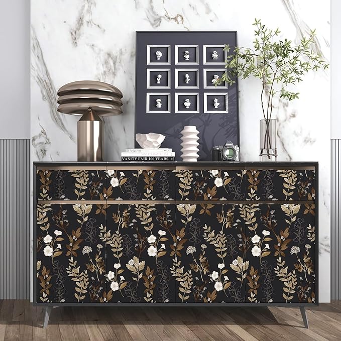 Fvlow Vintage Black Floral Self Adhesive Shelf Liner Wallpaper 17.4" x 78", Retro Brown Gold Leaf Design Wall Paper Contact Paper Waterproof Wall Covering for Countertop Desk Cabinets Drawer Liner