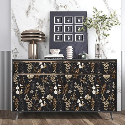 Fvlow Vintage Black Floral Self Adhesive Shelf Liner Wallpaper 17.4" x 78", Retro Brown Gold Leaf Design Wall Paper Contact Paper Waterproof Wall Covering for Countertop Desk Cabinets Drawer Liner