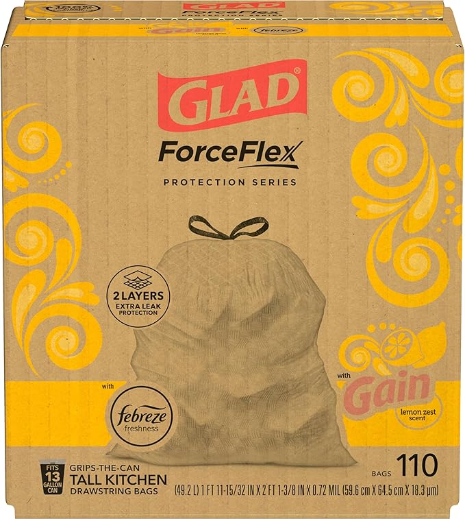 Glad ForceFlex Tall Kitchen Trash Bags, 13 Gallon, Gain Lemon Zest, 110 Count (Package May Vary)