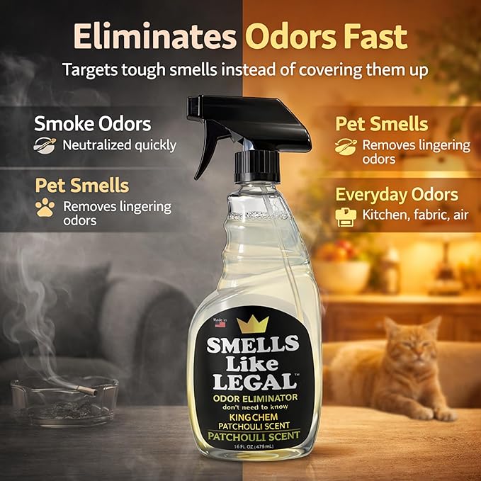 Smells Like Legal™ Patchouli Odor Eliminator Spray – Powerful Commercial-Grade – Eliminates Smoke, Pet & Food Odors at source – Fabric-Safe, Non-Staining – Biodegradable Air & Fabric Freshener – 16 oz
