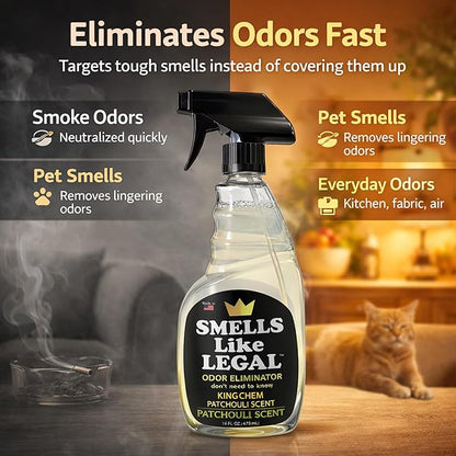 Smells Like Legal™ Patchouli Odor Eliminator Spray – Powerful Commercial-Grade – Eliminates Smoke, Pet & Food Odors at source – Fabric-Safe, Non-Staining – Biodegradable Air & Fabric Freshener – 16 oz
