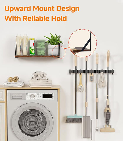 Broom Holder Wall Mount with Organizer Shelf, Space-Saving Broom and Mop Organizer Wall Hanging with 4 Broom Slots 5 Removable Hooks, Laundry Room Shelves for Laundry Room, Garage, Garden, Closet