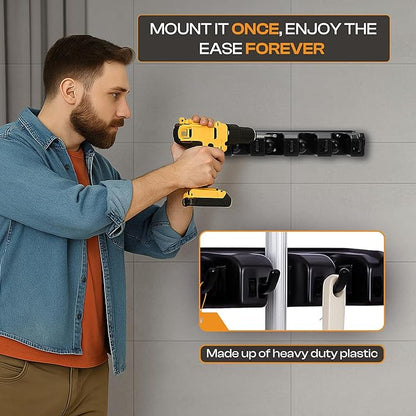 Heavy Duty ABS Plastic Broom Holder with 5 Slots and 6 Hooks | Wall Mount Mop and Broom Hanger | Waterproof Broom Organizer with Screws| Wall Mount Tool Organizer for Garage Storage