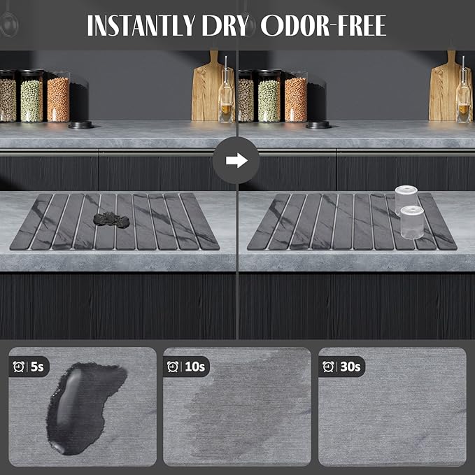 Stone Dish Drying Mats for Kitchen Counter, 24"(L)×16"(W) Marble-Pattern Dish Drying Mat, Eco-Friendly Absorbent Diatomaceous Earth Mats for Dishes Bottles Cups, Match Any Countertop【 Dark Grey】