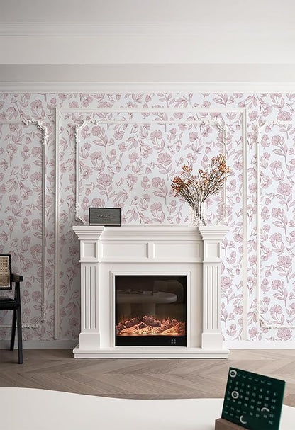 Timeet White and Pink Floral Wallpaper Peel and Stick Modern Removable Self-Adhesive Wall Paper for Bedroom Bathroom Vintage Contact Paper Vinyl Film 17In×78.7In