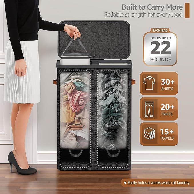 Sorbus Laundry Hamper with Lid - Collapsible 2-Compartment Fabric Laundry Basket with Handles and Removable Laundry Bag – 45 Gallon (170 L) Dirty Clothes Hamper for Bedroom, bathroom and dorm (Black)