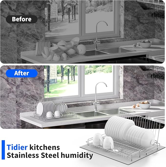 Dish Drying Rack Stainless Steel Collapsible Foldable Small Dish Rack Countertop Portable Drainer with Drying Mat for Kitchen Dorm RV Campers Travel Trailer Space Saving