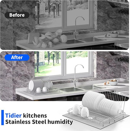 Dish Drying Rack Stainless Steel Collapsible Foldable Small Dish Rack Countertop Portable Drainer with Drying Mat for Kitchen Dorm RV Campers Travel Trailer Space Saving
