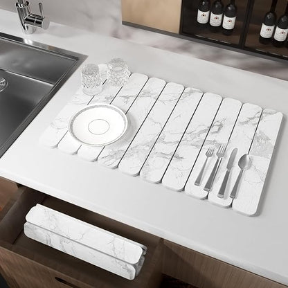 Stone Drying Mat for Kitchen Counter, White Fish Belly Stone Dish Drying Mat - Diatomaceous Earth Water Absorbing Drying Stone for Kitchen Counter Mat, Quick Dry Stone Mat Kitchen
