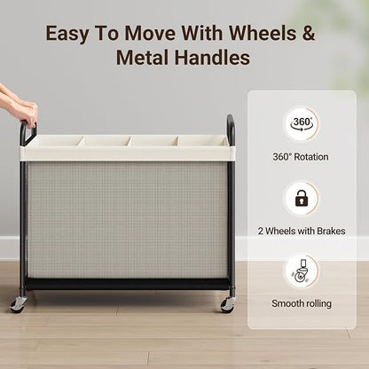 ELYKEN Laundry Hamper 4 Section, 140L Rolling Laundry Sorter with Removable Liner Bag, Laundry Basket with Wheels, Steel Frame with Metal Handle, Clothes Hamper Cart for Laundry Room & Bedroom