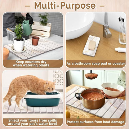 Large Stone Dish Drying Mat for Kitchen Counter,Quick Dry Stone Dishes Mats,Marbled Water Absorbing Diatomaceous Earth Drying Pad for Countertop Bottles Utensils Cups(Yellow White 24"x16"&8"x4")
