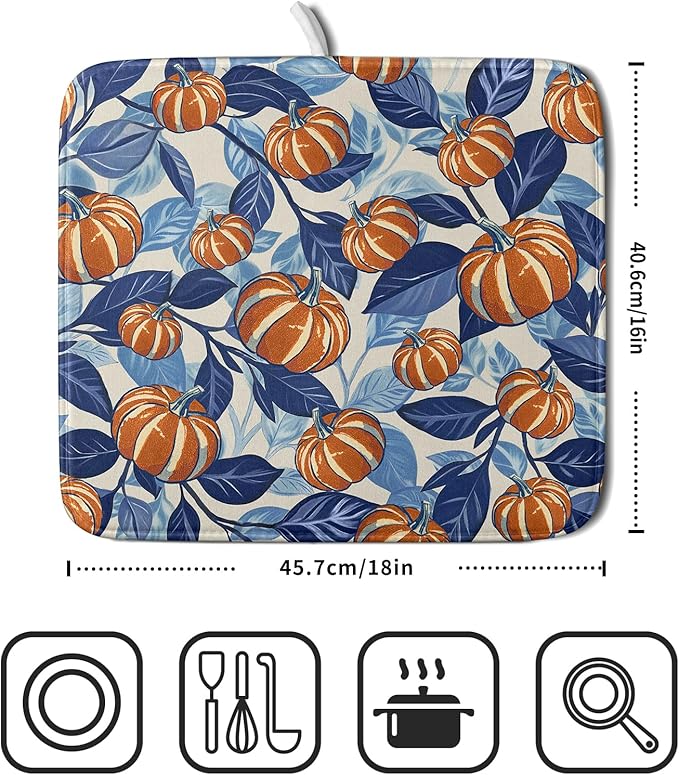 Blue Burnt Orange Fall Pumpkin Dish Drying Mat for Kitchen Counter 16x18 Autumn Theme Thanksgiving Day Absorbent Reversible Microfiber Drying Mats Kitchen Countertop Protector Dishes Drainer Pad