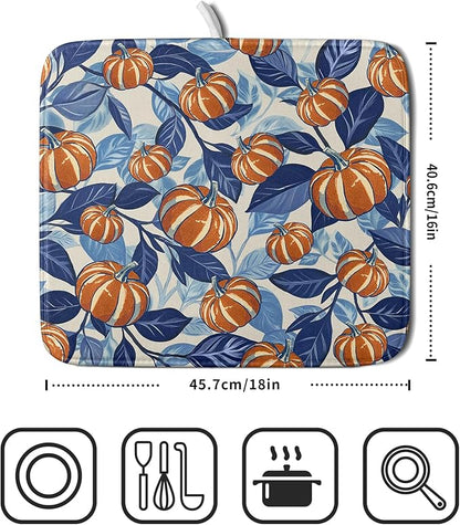 Blue Burnt Orange Fall Pumpkin Dish Drying Mat for Kitchen Counter 16x18 Autumn Theme Thanksgiving Day Absorbent Reversible Microfiber Drying Mats Kitchen Countertop Protector Dishes Drainer Pad