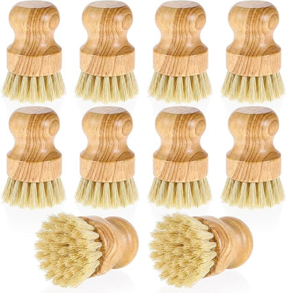 10 Packs Bamboo Dish Scrub Brushes Natural Dish Scrubber with Sisal Bristle Kitchen Dishwashing Cleaning Brush for Kitchen Cleaning Dishes, Pots, Pans, Bottles, Vegetables