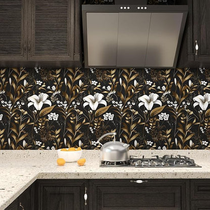 Laatse Black White Floral Wallpaper Peel and Stick, Dark Gold Vintage Contact Paper 17.5" x 393", Golden Botanical Wall Paper Self Adhesive Removable Waterproof for Bedroom Cabinet Drawer Table Decor