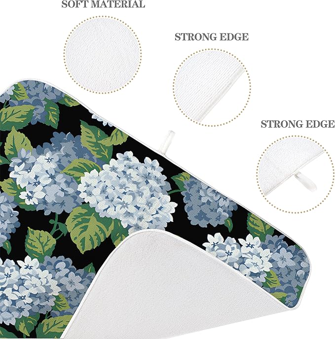 Spring Floral Dish Drying Mat 18x24 Inches For Kitchen Counter Absorbent Black Blue Hydrangea Flower Kitchen Decoration Summer Floral Drying Mat Pad For Home Kitchen,Dining Room,Office Decor