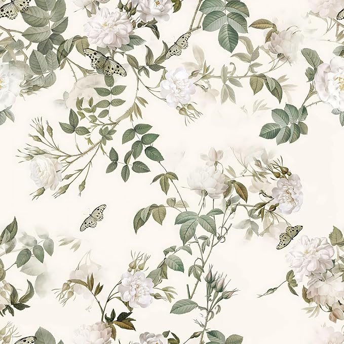 Wudnaye Vintage Floral Peel and Stick Wallpaper Beige Flower Contact Paper16.9’’×393’’Green Leaf Self Adhesive Removable Wallpaper Floral Rose Wall Paper Waterproof for Bathroom Bedroom Cabinets Decor