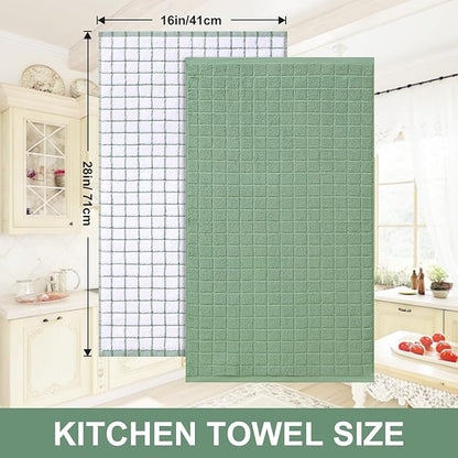 Homaxy Premium Cotton Kitchen Towels 16"x 28", Large Natural Ring Spun 390 GSM Dish Towels, Super Absorbent Terry Kitchen Hand Towels, Soft Tea Towels with Hanging Loop, Grass Green Check, 8 Pack