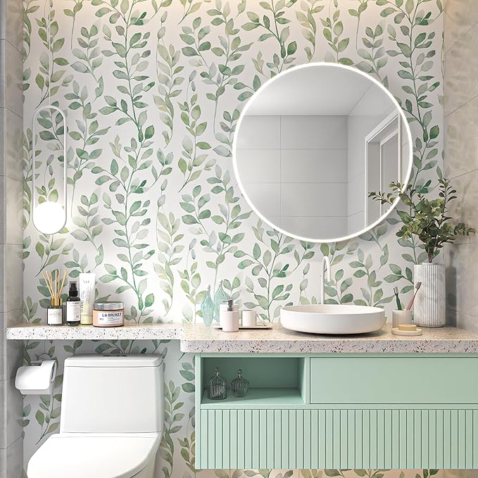 MelunMer Modern Leaf Peel and Stick Wallpaper Boho Green Contact Paper for Cabinets Self-Adhesive Removable Wallpaper for Bedroom Decor Botanical Contact Paper Bathroom Waterproof 787inL17.3inW