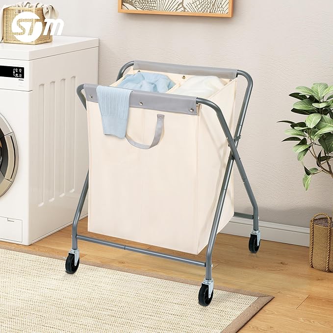 STORAGE MANIAC 125L Collapsible Laundry Hamper with Wheels, Rolling Laundry Basket, Heavy Duty Cloth Sorter with Removable Bag, Folding X Frame Clothes Organizer Cart for Easy to Store, 2 Section