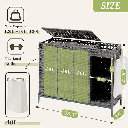 Laundry Hamper with Lid, 130L (34.4 Gal) Rattan Laundry Hamper 3 Section with 50L(13.2 Gal) Storage Shelf, Wicker Woven Laundry Sorter Basket with 4 Liner Bags and Handles, Natural GLH003N
