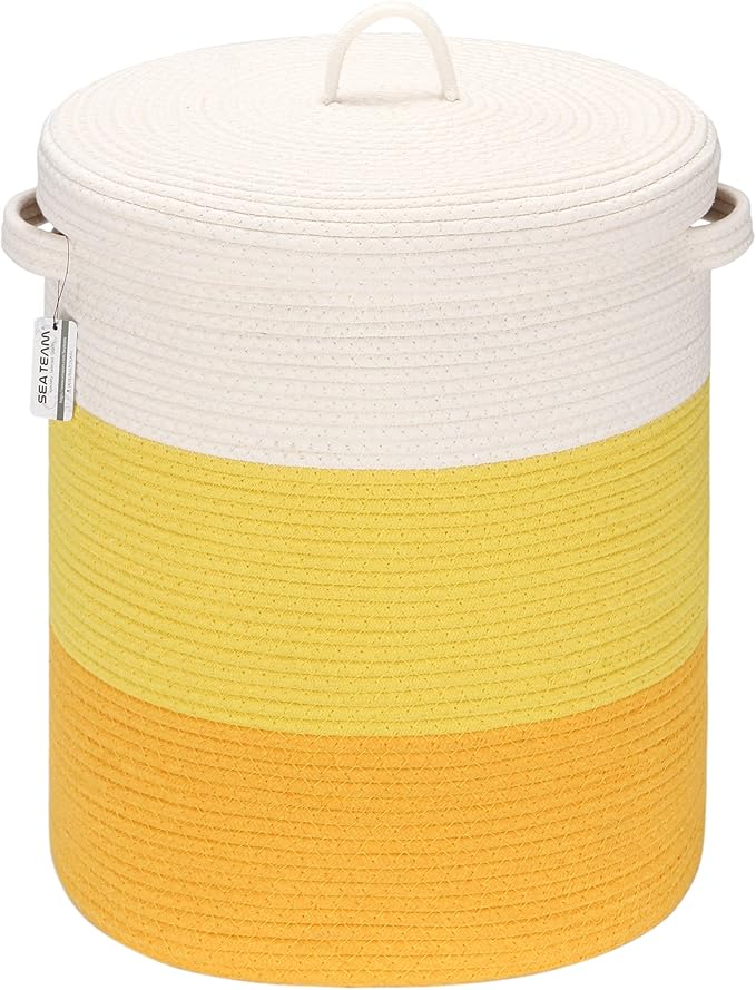 Sea Team Large Size Cotton Rope Woven Storage Basket with Lid, Lidded Laundry Hamper with Handles, Fabric Bucket with Cover, Clothes Toys Organizer for Kid's Room, 16 x 20 inches, White & Yellow