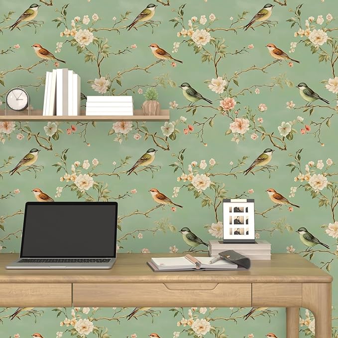 Laatse Green Floral Wallpaper Peel and Stick Bird Wallpaper Pink Flower Contact Paper 17.5" × 118" Waterproof Vinyl Self Adhesive Vintage Wall Paper for Bedroom Walls Cabinet Locker Decor