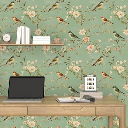 Laatse Green Floral Wallpaper Peel and Stick Bird Wallpaper Pink Flower Contact Paper 17.5" × 118" Waterproof Vinyl Self Adhesive Vintage Wall Paper for Bedroom Walls Cabinet Locker Decor