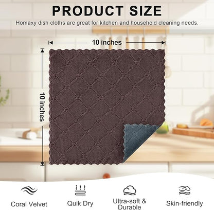 Homaxy 12 Pack Kitchen Cloths Dish Towels (10" x 10", Dark Grey & Brown), Super Soft and Absorbent Dish Cloths, Coral Velvet Microfiber Cleaning Cloth, Nonstick Oil Fast Dry Dishcloths