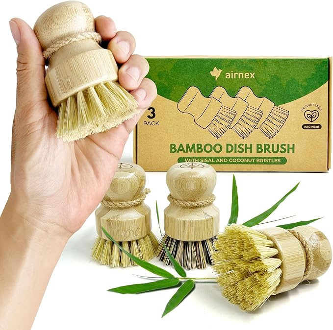 Bamboo Dish Brush Set of 3 - Natural Wooden Dish Scrubber w/Medium Stiff Sisal & Coconut Bristles - Kitchen Scrub Brush for Dishes, Pots & Pans - Plastic Free, Non Scratch Bristles