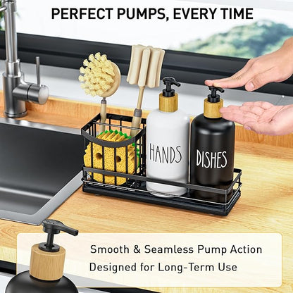 Moforoco Kitchen Dish Soap Dispenser Set, 16OZ Glass Bottle, Hand and Dish Soap Dispenser Set, Instant Dry Tray, Non-Slip Silicone Pad, Brush Holder with Sponge Holder, Kitchen Decor