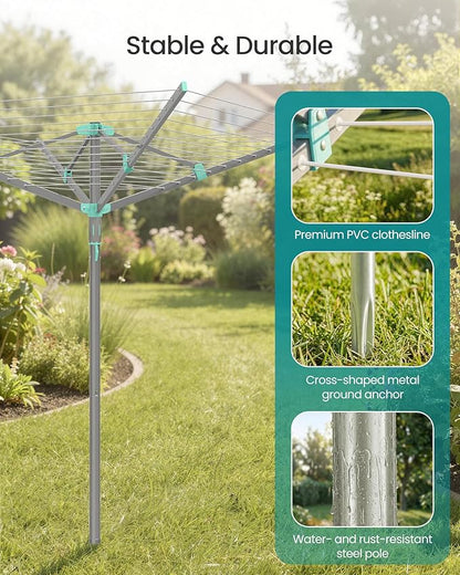 SONGMICS Umbrella Clothesline, Rotary Washing Line, Foldable Heavy-Duty Outdoor Clothes Drying Rack with Clips, Cover, Ground Anchor, 164 ft (50 m) Long for 5 Loads of Laundry, Silver ULLR307EZ01
