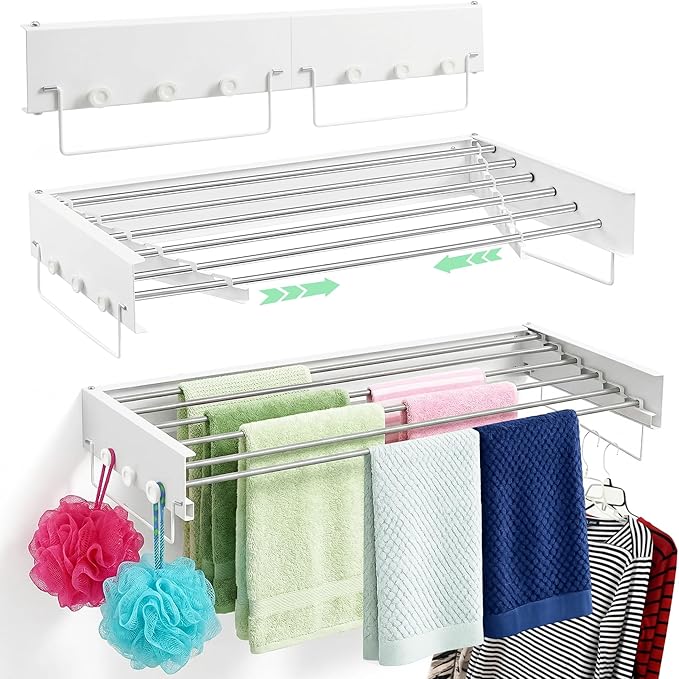 Laundry drying rack wall mount(40-INCH White), a wall mount clothes drying rack solution with reinforced metal frame, easy installation in tight spaces and foldable; drying rack clothing wall mounted.
