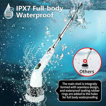 TUYU Electric Spin Scrubber, Full-Body IPX7 Waterproof Bathroom Scrubber,4 Replacement Head for Adjustable Extension Handle Electric Cleaning Brush for Bathroom, Tub, Tile