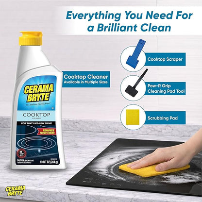 Cerama Bryte Glass Cooktop and Stove Top Cleaner Combo Kit - Includes Cleaning Tool, Razor, Scraper and 1 Pad to Remove Tough Stains - Use on Gas, Electric, Ceramic Surfaces, 10 Ounces, 4 Piece