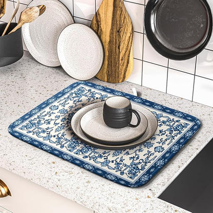 Blue Floral Dish Drying Mat for Kitchen Counter 16x18 Chinoiserie Flower Print Vintage Absorbent Reversible Microfiber Drying Mats Kitchen Countertop Protector Dishes Drainer Rack Pad