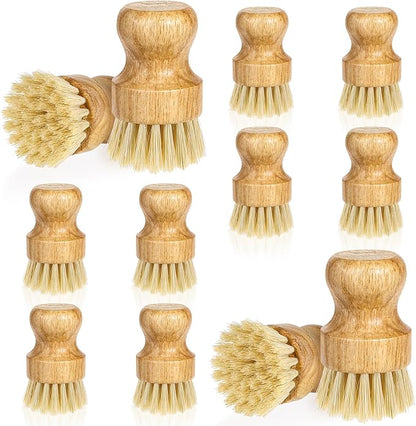 12 Packs Bamboo Dish Scrub Brush Wooden Washing Scrubbers with Sisal Bristles Kitchen Palm Pot Brush Round Mini Dish Brushes for Household Iron Pot Pan Sink Sink Vegetables Cleaning