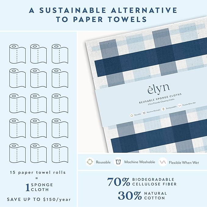 ELYN Swedish Dishcloths, Reusable & Washable Sponge Cloths, Absorbent Cleaning Paper Towels for Kitchen, Dishes, Counters and More, 5 Pack, Assorted Stripe & Plaid