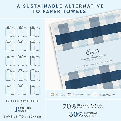 ELYN Swedish Dishcloths, Reusable & Washable Sponge Cloths, Absorbent Cleaning Paper Towels for Kitchen, Dishes, Counters and More, 5 Pack, Assorted Stripe & Plaid